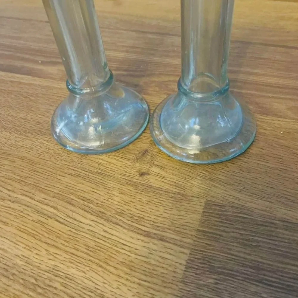 Hand blown recycled green glass candlesticks, recycled art, set of 2